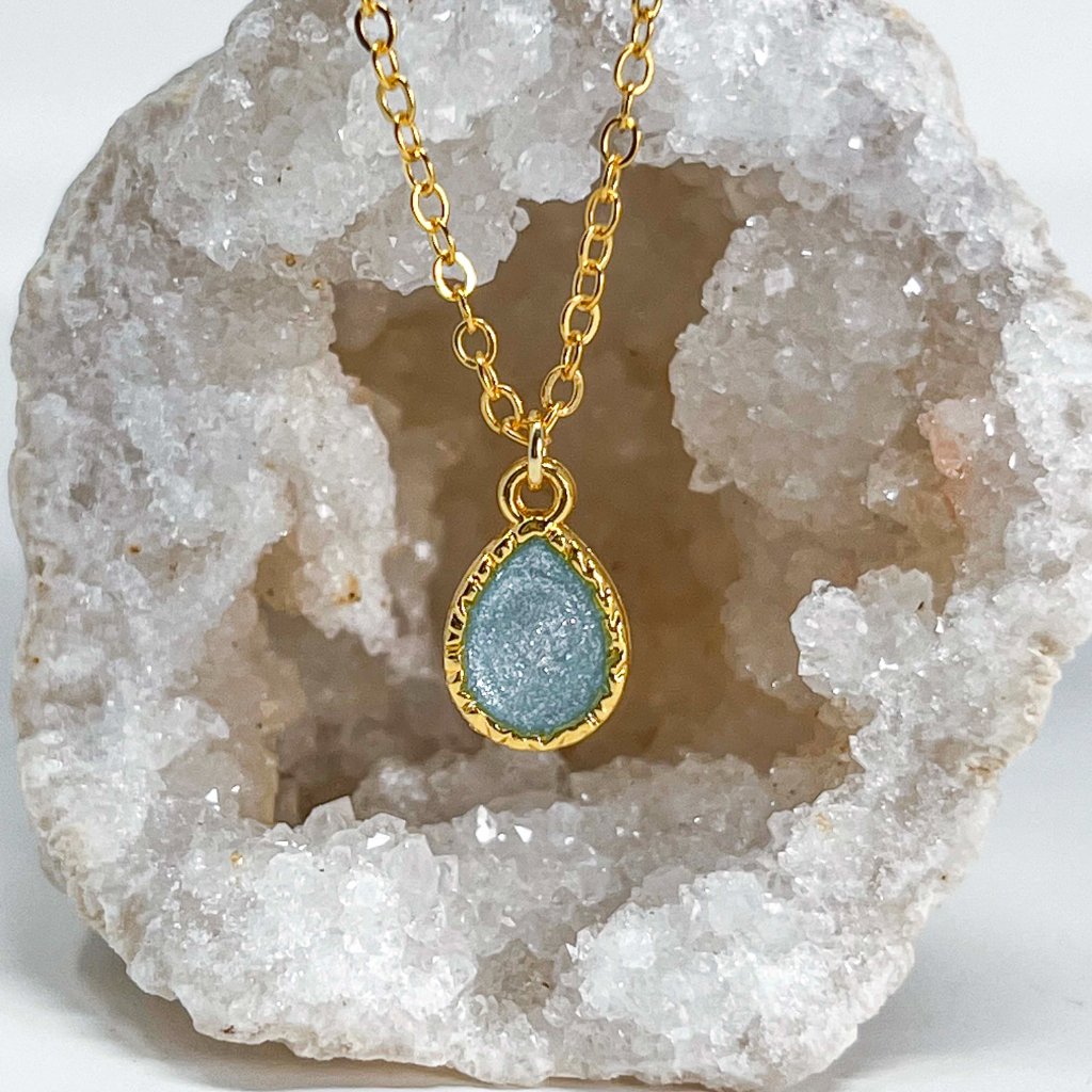 320 14k Gold Blue Glitter Resin Teardrop Charm Handmade Pendant Necklace 13$